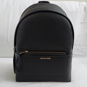 Michael Kors Jet Set LG MF Leather Backpack Black Gold w/ Removable MK Pouch NWT
